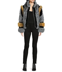 Azalea Wang Cora Grey Multi Faux Fur Stand Collar Zip Front Coat