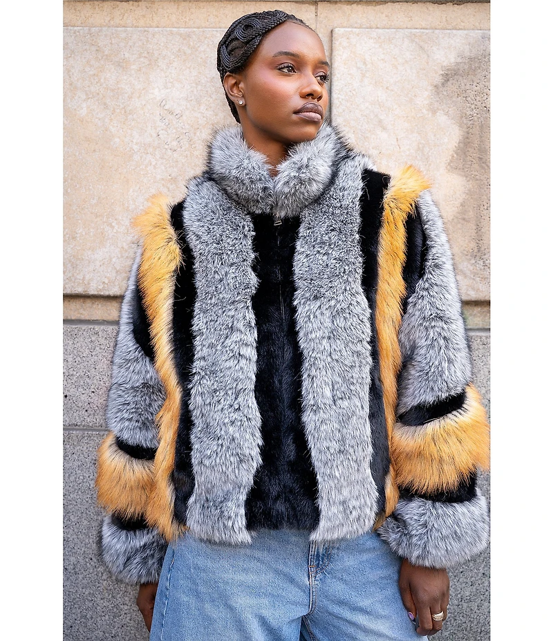 Azalea Wang Cora Grey Multi Faux Fur Stand Collar Zip Front Coat
