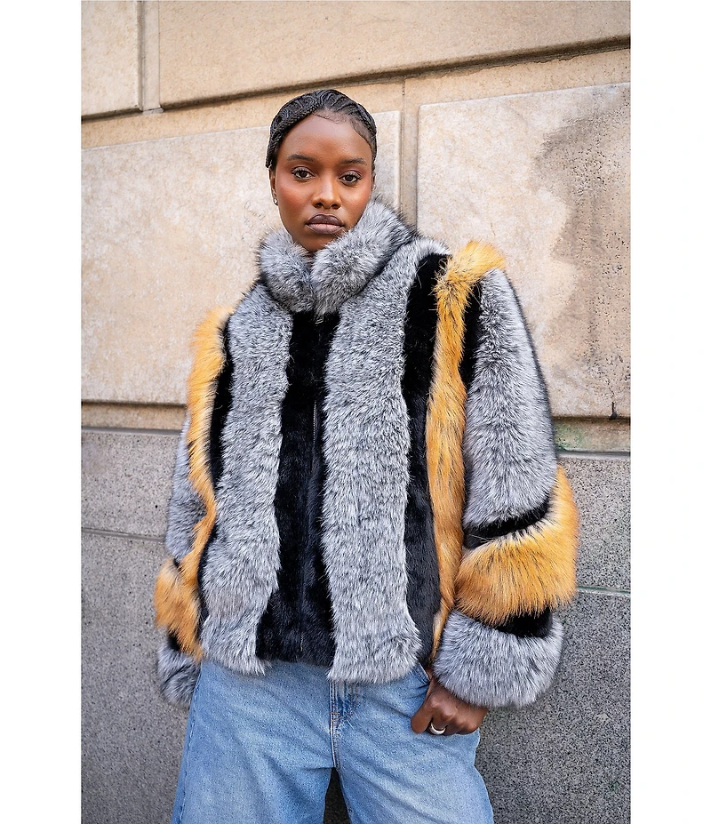 Azalea Wang Cora Grey Multi Faux Fur Stand Collar Zip Front Coat