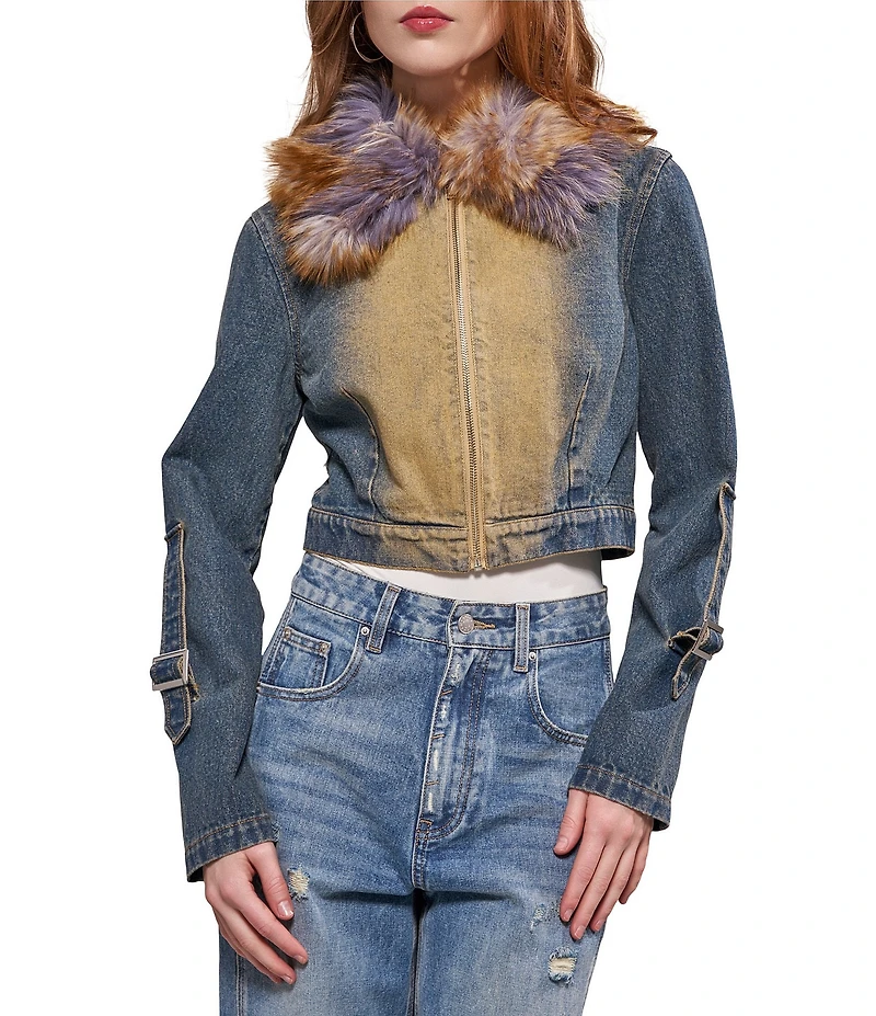 Azalea Wang Coralyn Denim Multi Faux Fur Zip Front Moto Jacket