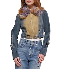 Azalea Wang Coralyn Denim Multi Faux Fur Zip Front Moto Jacket