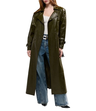 Azalea Wang Coren-Olive Faux Leather Tailored Collar Belted Snap Front Trench Coat
