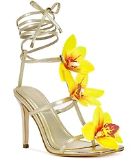 Azalea Wang Crescendo Metallic Flower Detailed Ankle Wrap Dress Sandals