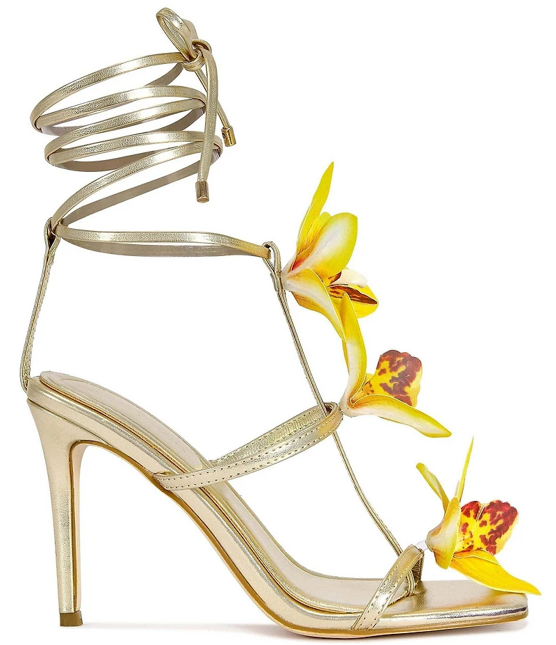 Azalea Wang Crescendo Metallic Flower Detailed Ankle Wrap Dress Sandals