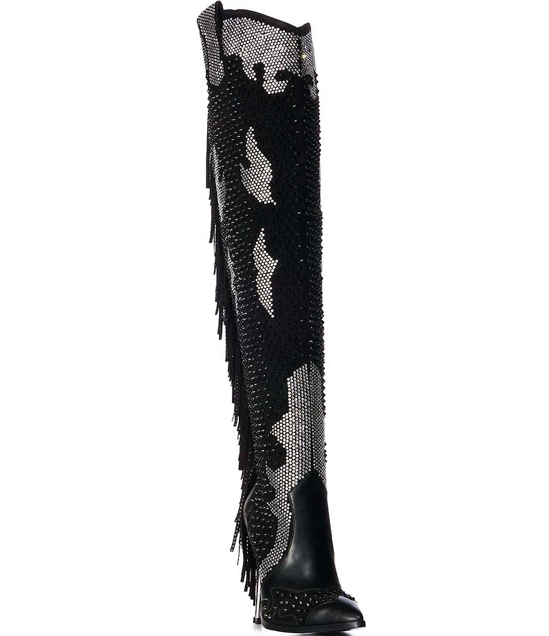 Azalea Wang Crewe Rhinestone Studded Fringe Over-The-Knee Western Boots