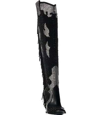 Azalea Wang Crewe Rhinestone Studded Fringe Over-The-Knee Western Boots