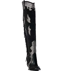Azalea Wang Crewe Rhinestone Studded Fringe Over-The-Knee Western Boots