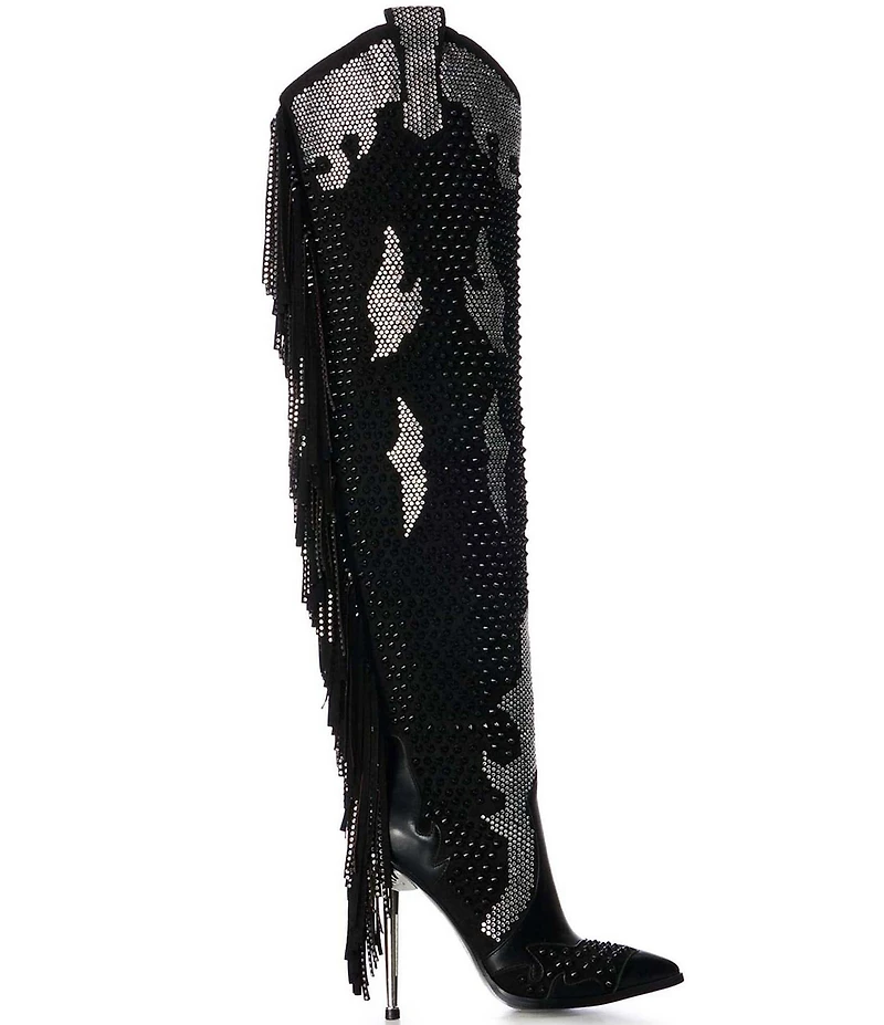 Azalea Wang Crewe Rhinestone Studded Fringe Over-The-Knee Western Boots