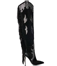 Azalea Wang Crewe Rhinestone Studded Fringe Over-The-Knee Western Boots