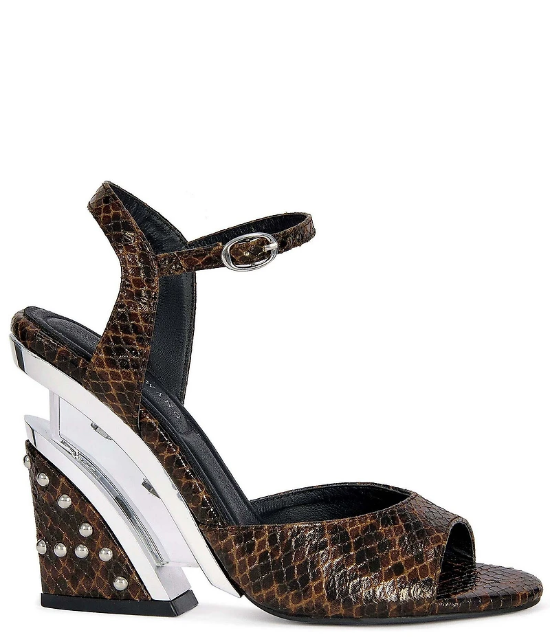 Azalea Wang Della Snake Print Studded Sculptural Heel Sandals
