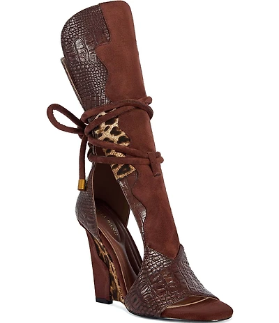 Azalea Wang Desire Crocodile Embossed Leopard Print Wedge Gladiator Sandals