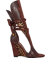 Azalea Wang Desire Crocodile Embossed Leopard Print Wedge Gladiator Sandals