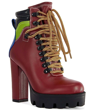 Azalea Wang Deutch Colorblock Hiker Lace Block Heel Lug Platform Booties