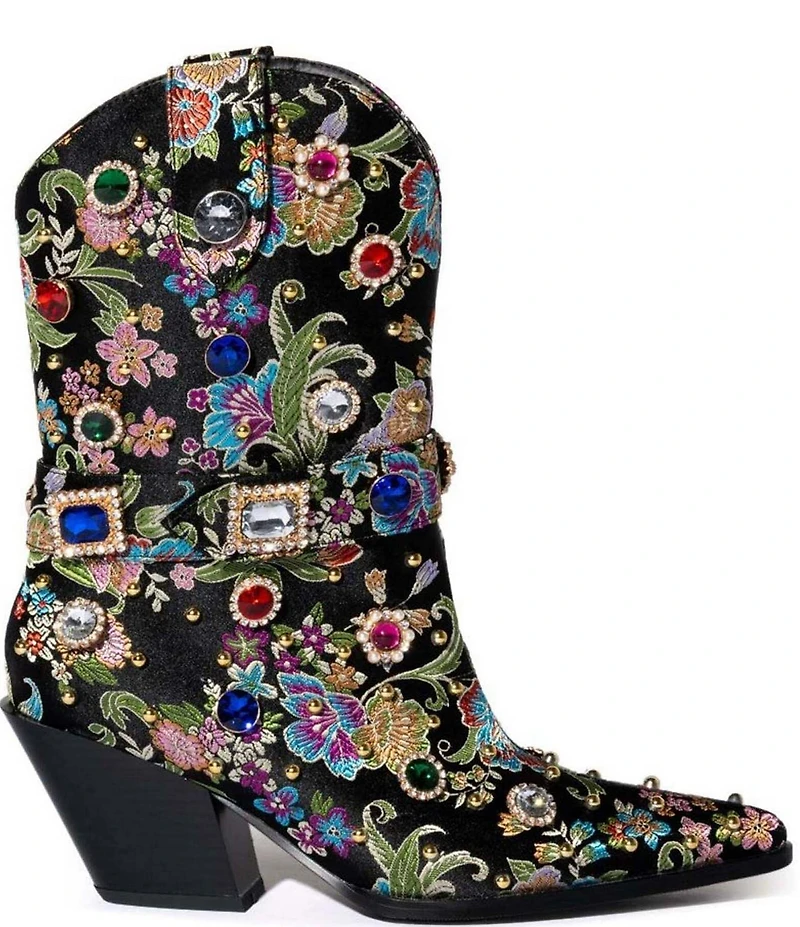 Azalea Wang Diligent Floral Brocade Stud and Jewel Ornamented Western Mid Calf Boots