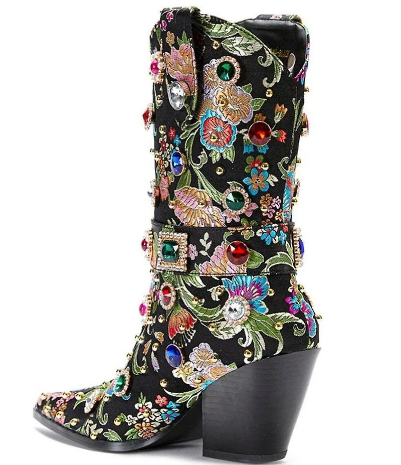 Azalea Wang Diligent Floral Brocade Stud and Jewel Ornamented Western Mid Calf Boots