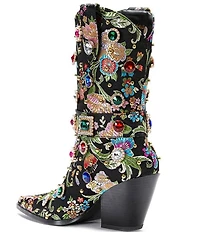 Azalea Wang Diligent Floral Brocade Stud and Jewel Ornamented Western Mid Calf Boots