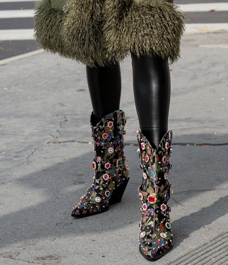Azalea Wang Diligent Floral Brocade Stud and Jewel Ornamented Western Mid Calf Boots