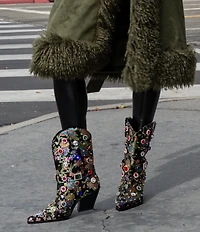 Azalea Wang Diligent Floral Brocade Stud and Jewel Ornamented Western Mid Calf Boots
