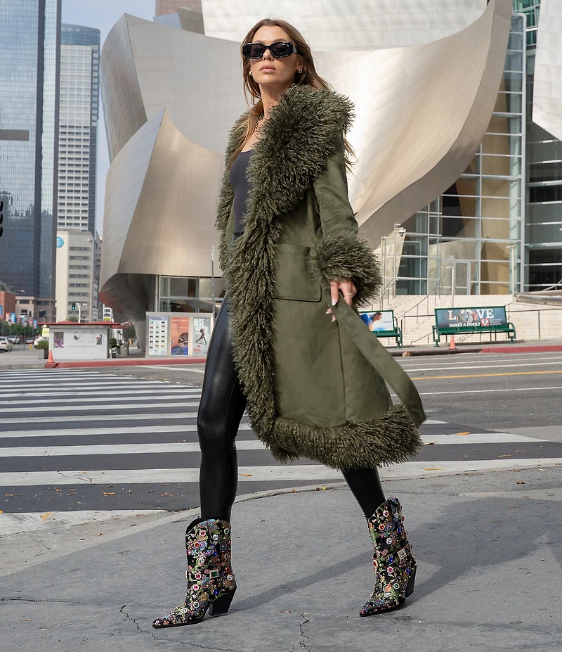 Azalea Wang Diligent Floral Brocade Stud and Jewel Ornamented Western Mid Calf Boots