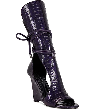 Azalea Wang Douma Crocodile Embossed Wrap Around Lace Gladiator Wedge Sandals