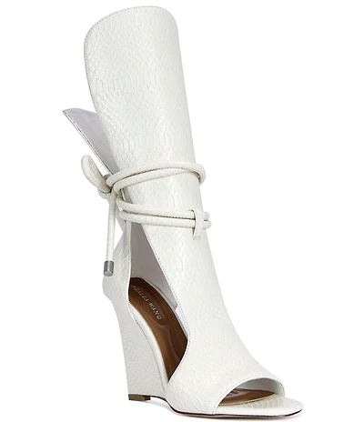 Azalea Wang Douma Embossed Shin Guard Wrap Tie Gladiator Wedge Sandals