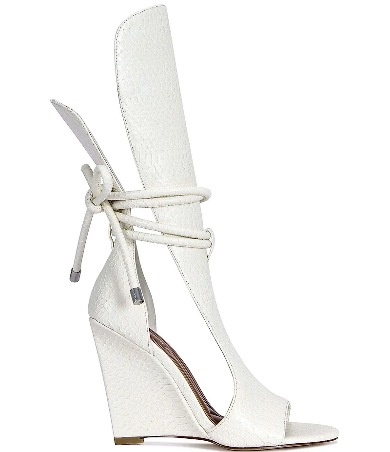 Azalea Wang Douma Embossed Shin Guard Wrap Tie Gladiator Wedge Sandals