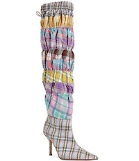 Azalea Wang Elodie Mixed Plaid Stretch Over The Knee Boots