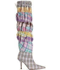 Azalea Wang Elodie Mixed Plaid Stretch Over The Knee Boots