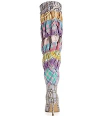 Azalea Wang Elodie Mixed Plaid Stretch Over The Knee Boots