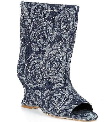 Azalea Wang Elphaba Floral Denim Studded Peep Toe Wedge Booties