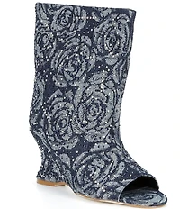 Azalea Wang Elphaba Floral Denim Studded Peep Toe Wedge Booties