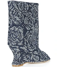Azalea Wang Elphaba Floral Denim Studded Peep Toe Wedge Booties