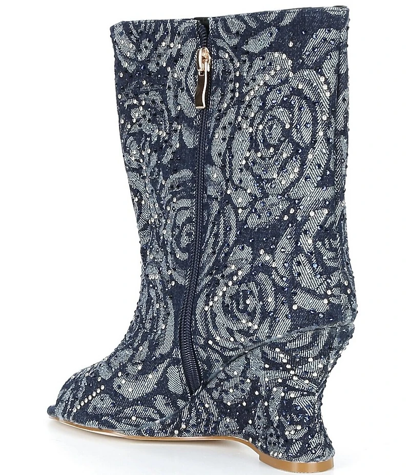 Azalea Wang Elphaba Floral Denim Studded Peep Toe Wedge Booties