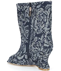 Azalea Wang Elphaba Floral Denim Studded Peep Toe Wedge Booties