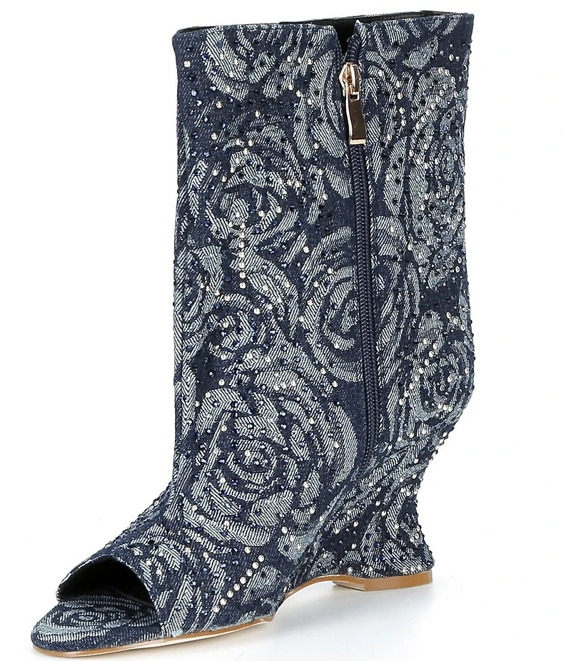 Azalea Wang Elphaba Floral Denim Studded Peep Toe Wedge Booties