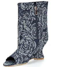 Azalea Wang Elphaba Floral Denim Studded Peep Toe Wedge Booties
