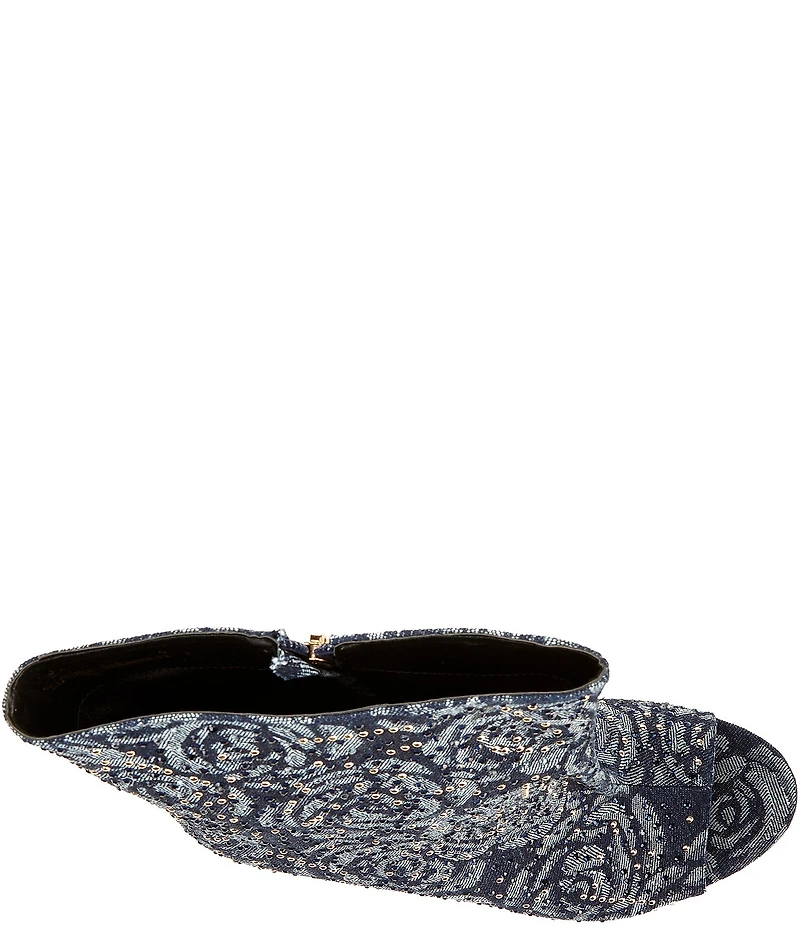 Azalea Wang Elphaba Floral Denim Studded Peep Toe Wedge Booties