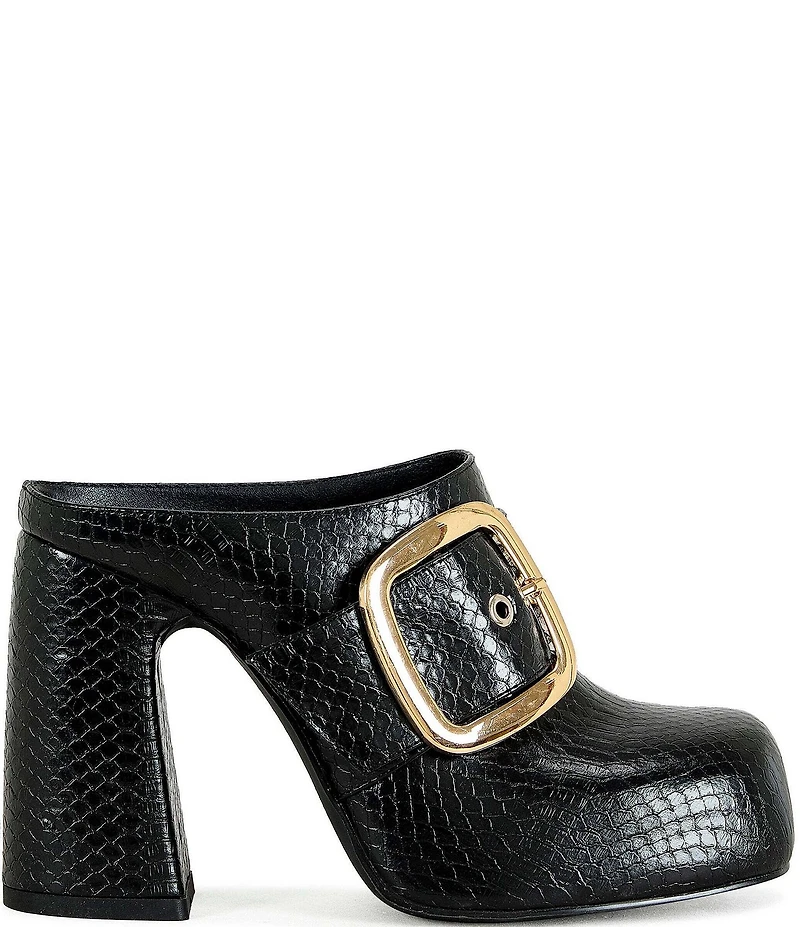 Azalea Wang Elysia Embossed Big Buckle Block Heel Platform Mules
