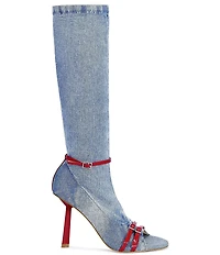 Azalea Wang Emra Denim Buckle Straps Pointed Toe Tall Boots