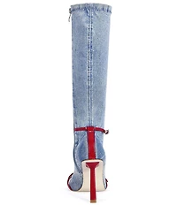 Azalea Wang Emra Denim Buckle Straps Pointed Toe Tall Boots