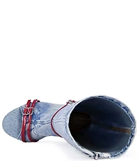 Azalea Wang Emra Denim Buckle Straps Pointed Toe Tall Boots