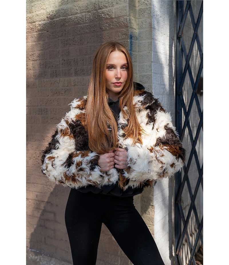 Azalea Wang Enora Cream Abstract Cow Print Sherpa Oversize Neck Zip Front Bomber Jacket