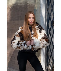 Azalea Wang Enora Cream Abstract Cow Print Sherpa Oversize Neck Zip Front Bomber Jacket