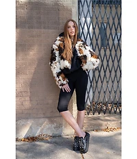Azalea Wang Enora Cream Abstract Cow Print Sherpa Oversize Neck Zip Front Bomber Jacket