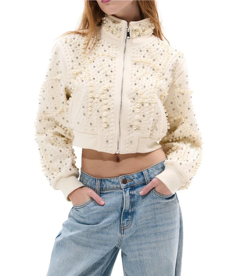 Azalea Wang Ethel Solid Pearl Accent Stand Collar Zip Front Cropped Jacket