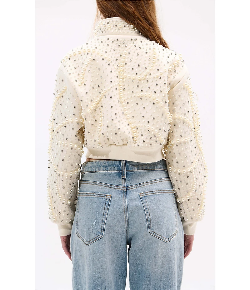 Azalea Wang Ethel Solid Pearl Accent Stand Collar Zip Front Cropped Jacket