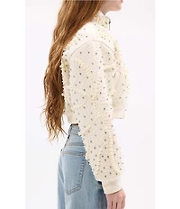 Azalea Wang Ethel Solid Pearl Accent Stand Collar Zip Front Cropped Jacket