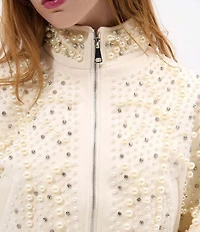 Azalea Wang Ethel Solid Pearl Accent Stand Collar Zip Front Cropped Jacket