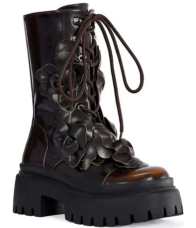 Azalea Wang Etra Applique Flowers Combat Mid Boots