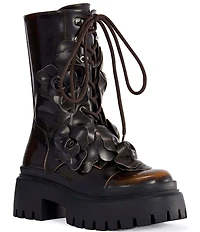 Azalea Wang Etra Applique Flowers Combat Mid Boots